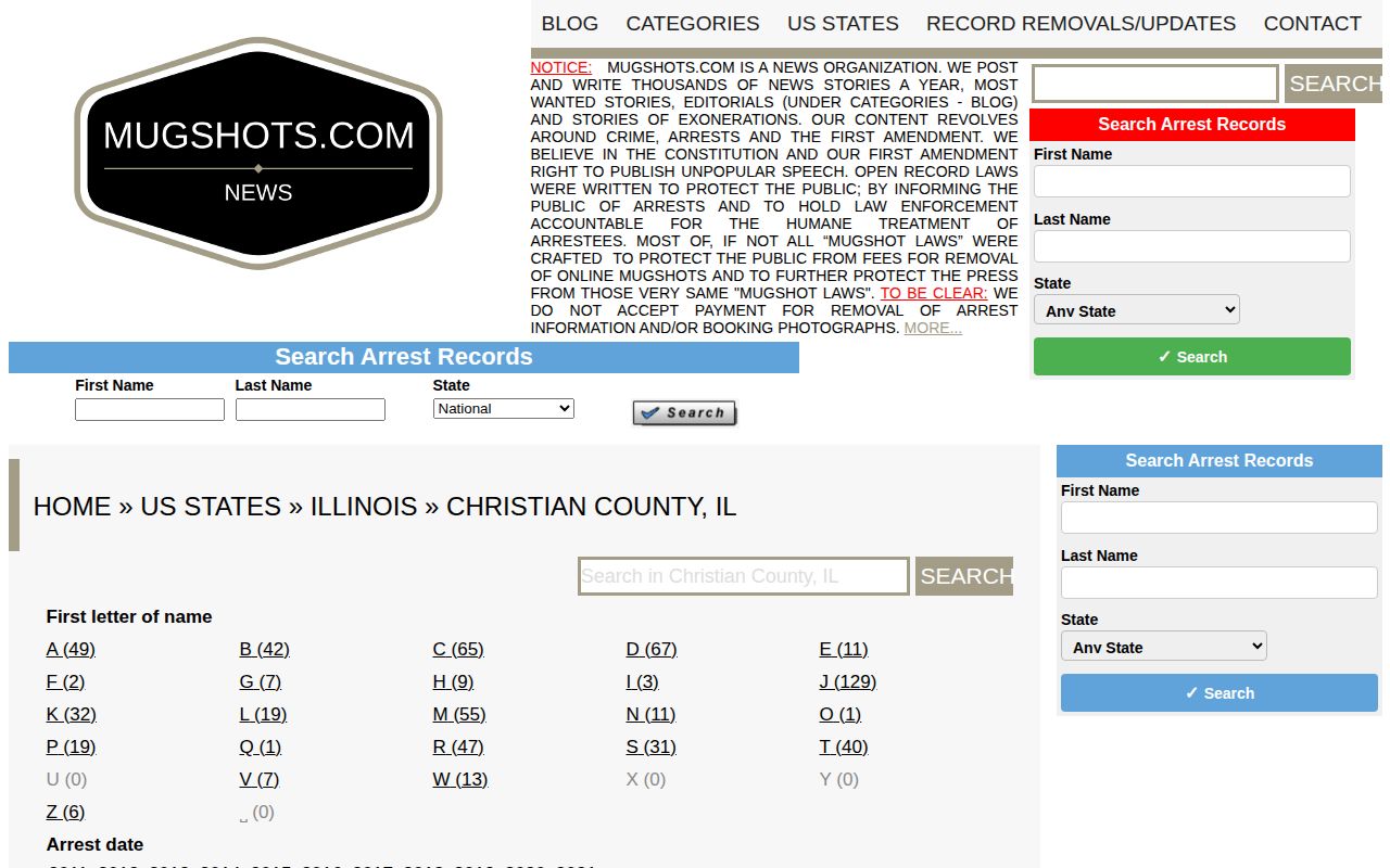 Christian County Illinois third-party mugshot archive page